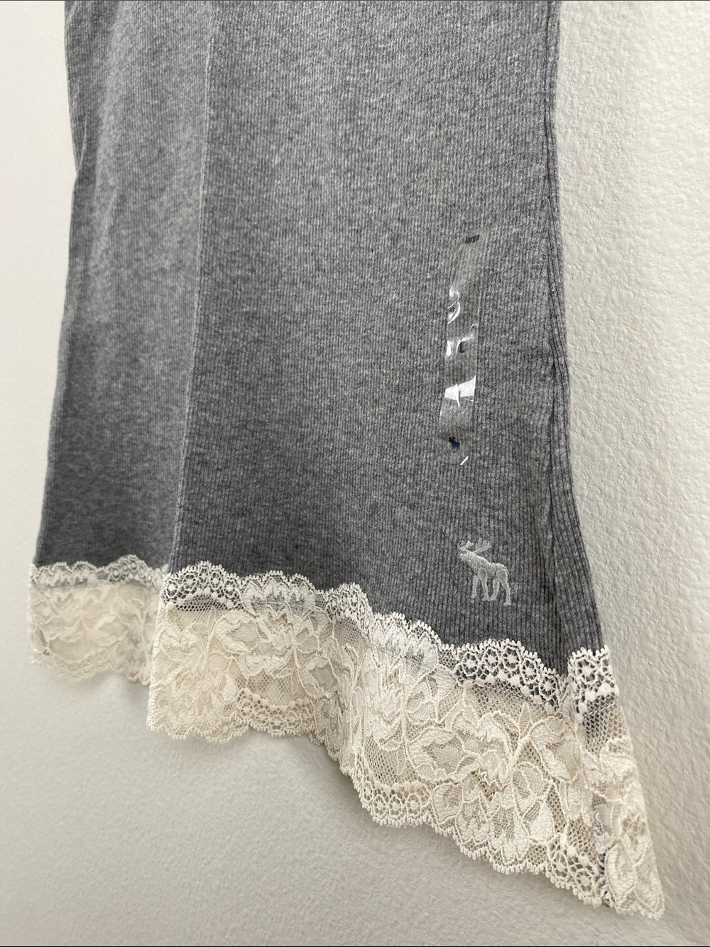 Abercrombie & Fitch Lace Embroidered Ribbed Camisole/Tank Top | Gray/Ivory - Picture 11 of 16